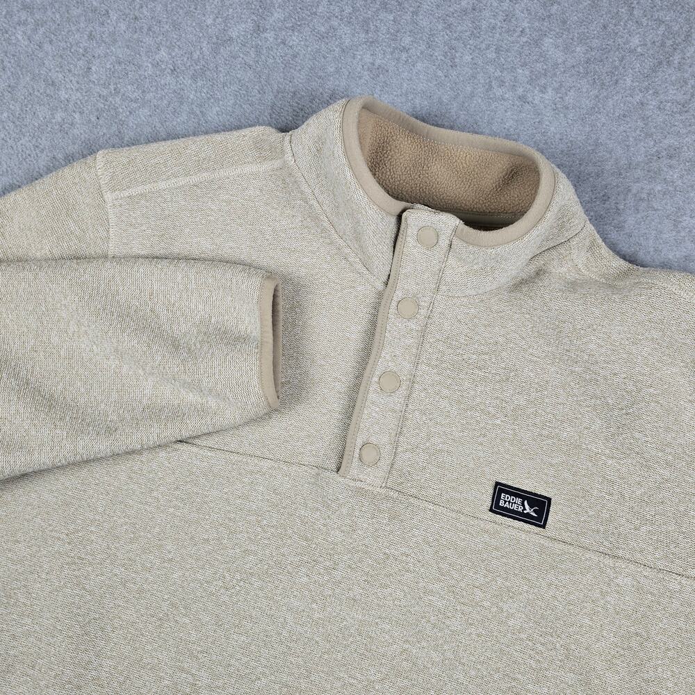 Eddie Bauer Mens XL Cream-colored Sweatshirt Quarter Snap Small Chest Logo Patch